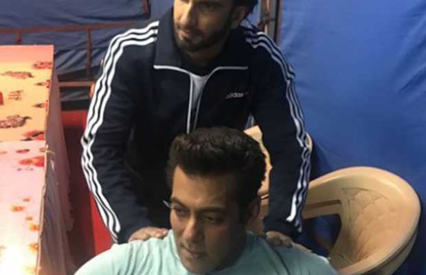 Photos: Ranveer Singh Gives Shoulder Massage To Salman Khan On The Sets Of Race 3!